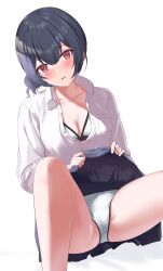 Rule 34 | 1girl, absurdres, blue hair, blue skirt, blush, bra, clothes lift, collarbone, dot nose, flat chest, hair between eyes, hair bun, highres, idolmaster, idolmaster shiny colors, knee up, lifting own clothes, long sleeves, looking at viewer, mm (pomeme4), morino rinze, open mouth, panties, partially unbuttoned, pleated skirt, red eyes, shirt, short hair, simple background, single hair bun, skirt, skirt lift, solo, spread legs, underwear, white background, white bra, white panties, white shirt