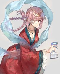 Rule 34 | 1girl, bad id, bad twitter id, bandage over one eye, bottle, braid, breasts, chinese clothes, chocoan, cleavage, closed mouth, collarbone, cowboy shot, earrings, expressionless, eyebrows, fate/grand order, fate (series), florence nightingale (divine princess of the storm) (fate), florence nightingale (fate), flower, grey background, hagoromo, hair flower, hair ornament, hanfu, holding, jewelry, leaning forward, long hair, long sleeves, looking at viewer, medium breasts, necklace, pink eyes, pink hair, shawl, simple background, single braid, solo, spray bottle, wide sleeves