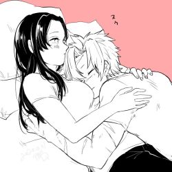 Rule 34 | 1boy, 1girl, between breasts, black hair, breast pillow, breasts, closed eyes, dated, face to breasts, greyscale with colored background, head between breasts, hetero, hug, kimetsu no yaiba, kochou kanae, long hair, looking at another, lying on person, medium breasts, misono (msn png), monochrome, mutual hug, on bed, parted bangs, pillow, pink background, scar, shinazugawa sanemi, shirt, short sleeves, signature, simple background, sleeping