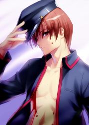 Rule 34 | 1boy, blood, blood on face, brown hair, collarbone, hand on headwear, hat, little busters!, long sleeves, male focus, natsume kyousuke, open clothes, open shirt, parted lips, red eyes, school uniform, shirt, short hair, solo, upper body, zen