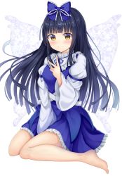 Rule 34 | 1girl, absurdres, barefoot, between legs, black hair, blue bow, blue dress, blunt bangs, blush, bow, breasts, brown eyes, closed mouth, commentary request, dress, fairy wings, floating hair, frilled bow, frills, full body, hair bow, hand between legs, hand up, highres, juliet sleeves, long hair, long sleeves, looking at viewer, medium breasts, petticoat, puffy sleeves, simple background, sitting, smile, solo, star sapphire, suigetsu (watermoon-910), touhou, v, very long hair, wariza, white background, wide sleeves, wings