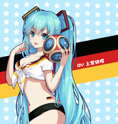 Rule 34 | 1girl, 2018 fifa world cup, :p, alternate costume, ball, blue background, blue eyes, blue hair, blush, breasts, chinese commentary, cleavage, collarbone, commentary request, crop top, front-tie top, german flag, hands up, hatsune miku, holding, holding ball, jokanhiyou, long hair, looking at viewer, medium breasts, midriff, navel, shirt, short sleeves, smile, soccer, soccer ball, solo, standing, star (symbol), starry background, stomach, tattoo, tied shirt, tongue, tongue out, twintails, upper body, very long hair, vocaloid, white shirt, world cup