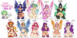 Rule 34 | 1boy, 6+girls, applejack, bare shoulders, bespectacled, bikini, black hair, blonde hair, blue hair, breasts, bridal gauntlets, cadance (my little pony), celestia (my little pony), character name, choker, chrysalis (my little pony), cleavage, elbow gloves, fluttershy, glasses, gloves, green hair, hands on own hips, horns, jewelry, large breasts, lingerie, long hair, low-tied long hair, lowleg, lowleg bikini, luna (my little pony), maniacpaint, multicolored hair, multiple girls, my little pony, my little pony: friendship is magic, necklace, negligee, personification, pink hair, pinkie pie, purple hair, rainbow dash, rainbow hair, rarity (my little pony), see-through, siblings, side-tie bikini bottom, single horn, sisters, spike (my little pony), swimsuit, tankini, thick thighs, thighhighs, thighs, thumbs up, twilight sparkle, two-tone hair, underwear, wide hips, wings