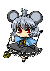 Rule 34 | 1girl, animal ears, basket, capelet, chibi, dowsing rod, female focus, full body, grey hair, jewelry, mouse (animal), mouse ears, mouse tail, nazrin, pendant, red eyes, socha, solo, tail, touhou, transparent background