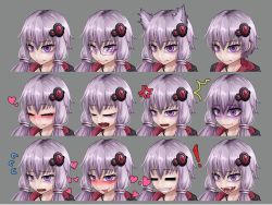 Rule 34 | !, 1girl, :p, = =, ^^^, alternate hair length, alternate hairstyle, anger vein, animal ears, annoyed, bespectacled, blush, cat ears, crying, crying with eyes open, expression chart, expressions, closed eyes, glasses, grey background, grin, hair ornament, hairclip, heart, kemonomimi mode, light smile, long hair, looking at viewer, lovestruck, low twintails, multiple views, open mouth, purple-framed eyewear, purple eyes, purple hair, ray-k, scared, semi-rimless eyewear, shaded face, sharp teeth, short hair, simple background, smile, sweat, tears, teeth, tongue, tongue out, twintails, vocaloid, voiceroid, wavy mouth, yawning, yuzuki yukari