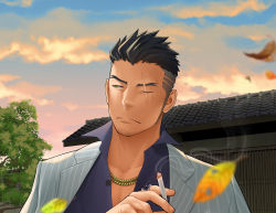 Rule 34 | 1boy, architecture, black hair, cigarette, closed mouth, east asian architecture, eyebrows, facial hair, facial mark, forked eyebrows, formal, frown, gyee, itto (mentaiko), jacket, jewelry, leaf, male focus, one eye closed, open clothes, open jacket, outdoors, popped collar, priapus (gyee), scar, sideburns, sky, smoke, solo, stubble, suit