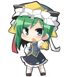 Rule 34 | 1girl, blue eyes, chibi, green hair, hand on own hip, hat, outstretched arm, pointing, pointing at viewer, ribbon, rod of remorse, shiki eiki, short hair, skirt, solo, touhou, twumi