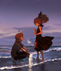 Rule 34 | 1boy, 1girl, barefoot, dress, fireworks, highres, kurohush, looking at another, ocean, partially submerged, shirt, squatting, standing, water