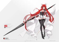 Rule 34 | 1girl, absurdly long hair, absurdres, black thighhighs, closed mouth, commentary request, corset, dated, frills, full body, garter straps, highres, holding, holding polearm, holding weapon, huge weapon, joints, lance, leotard, long hair, looking at viewer, mechanical arms, mechanical foot, orange eyes, original, polearm, red hair, robot joints, solo, thigh gap, thighhighs, very long hair, weapon, white leotard, xi shao chui chui zi