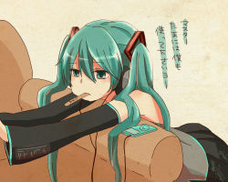Rule 34 | 1girl, detached sleeves, digital media player, green eyes, green hair, hatsune miku, headphones, ipod, matching hair/eyes, mouth hold, nanae, solo, twintails, vocaloid