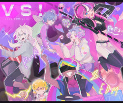 Rule 34 | 2girls, 4boys, blonde hair, blue hair, cookie run, dj, dj cookie, electric guitar, english text, from side, guitar, high ponytail, highres, hime cut, humanization, instrument, lemon cookie, lightning bolt symbol, long hair, mamimumemo, multicolored hair, multiple boys, multiple girls, one eye closed, pants, pink hair, ponytail, popping candy cookie, purple hair, rainbow hair, rockstar cookie, shining glitter cookie, short hair, spearmint cookie, two-tone hair, very long hair, white hair, white pants