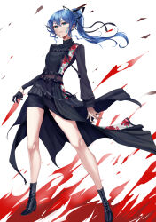 Rule 34 | 1girl, bare legs, belt, black belt, black footwear, black shorts, black skirt, blue eyes, blue hair, boots, breasts, fire, floating hair, floral print, full body, gloves, hair ribbon, half gloves, high ponytail, highres, hololive, hoshimachi suisei, hoshimachi suisei (shout in crisis), long hair, looking at viewer, official alternate costume, official alternate hairstyle, parted lips, ribbon, rose print, short shorts, shorts, single glove, single half glove, skirt, small breasts, solo, thighs, turtleneck, v-shaped eyebrows, virtual youtuber, yellow takano