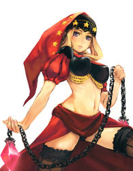 Rule 34 | 1girl, blonde hair, breasts, chain, crystal, gypsy, hood, long hair, medium breasts, midriff, navel, odin sphere, perky breasts, puff and slash sleeves, puffy sleeves, purple eyes, simosi, simple background, solo, star (symbol), thighhighs, velvet (odin sphere), walpurgisnacht, white background
