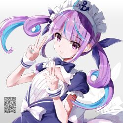 Rule 34 | 1girl, absurdres, ahoge, alternate breast size, anchor symbol, blue bow, blue dress, blue hair, blue nails, blue ribbon, bow, braid, breasts, closed mouth, collarbone, commentary request, double v, dress, floral background, gradient background, grey background, hair ribbon, hands up, highres, hololive, maid headdress, minato aqua, minato aqua (1st costume), multicolored hair, nail polish, puffy short sleeves, puffy sleeves, purple eyes, purple hair, qr code, ribbon, short sleeves, sidelocks, small breasts, smile, solo, streaked hair, twintails, twitter username, two-tone hair, v, virtual youtuber, white background, white bow, wrist cuffs, yamaguchi shinnosuke
