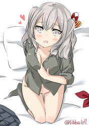 Rule 34 | 10s, 1girl, arm behind back, bad id, bad twitter id, black skirt, blush, bottomless, breasts, cleavage, collarbone, collared shirt, ebifurya, eyebrows, full body, grey eyes, grey skirt, grey socks, heart, highres, inactive account, kantai collection, kashima (kancolle), kneehighs, long hair, looking at viewer, medium breasts, neckerchief, unworn neckerchief, no headwear, no shoes, open mouth, pillow, pleated skirt, seiza, shirt, sidelocks, silver hair, simple background, sitting, skirt, unworn skirt, socks, solo, twintails, twitter username, white background