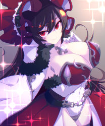 Rule 34 | 1girl, bare shoulders, black hair, black thighhighs, blush, bonnet, breasts, cape, choker, chromatic aberration, cleavage, commission, elbow gloves, fang, fur trim, gloves, hair between eyes, hair ornament, highres, illya (princess connect!), large breasts, long hair, looking at viewer, outstretched arm, princess connect!, red eyes, selfie, shaded face, skeb commission, skin fang, smile, solo, split mouth, sw (taco), thighhighs, very long hair, white gloves