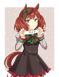 Rule 34 | 1girl, animal ears, black dress, border, bow, brown eyes, brown hair, closed mouth, commentary, cowboy shot, diagonal-striped bow, dress, ear covers, frilled dress, frills, green bow, grey background, grey shirt, hair tie, highres, holding, holding paper, horse ears, horse girl, horse tail, kuon kimi, long sleeves, looking at viewer, medium hair, multicolored hair, nice nature (umamusume), outside border, paper, pinafore dress, polka dot, polka dot background, red bow, shirt, short dress, sleeveless, sleeveless dress, smile, solo, standing, streaked hair, tail, translated, twintails, umamusume, white border