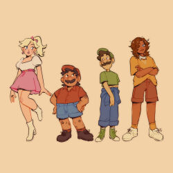 Rule 34 | 2boys, 2girls, absurdres, alternate costume, black eyes, blonde hair, blue eyes, blue jumpsuit, blue shorts, boots, bow, brown background, brown hair, brown shorts, closed mouth, commentary, crop top, crossed arms, dark-skinned female, dark skin, earrings, english commentary, facial hair, full body, green footwear, green headwear, green shirt, hair bow, hat, highres, jewelry, jumpsuit, jumpsuit around waist, long hair, looking at another, luigi, lukalunar, mario, mario (series), multiple boys, multiple girls, mustache, nintendo, pink skirt, ponytail, princess daisy, princess peach, puffy short sleeves, puffy sleeves, red headwear, red shirt, shirt, shoes, short hair, short sleeves, shorts, simple background, skirt, sneakers, standing, white footwear, yellow shirt