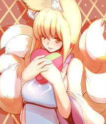 Rule 34 | 1girl, animal ears, argyle, argyle background, argyle clothes, blonde hair, box, dearmybrothers, female focus, fox ears, fox tail, gift, gift box, heart, highres, multiple tails, open mouth, own hands together, short hair, smile, solo, tabard, tail, touhou, valentine, wide sleeves, yakumo ran, yellow eyes