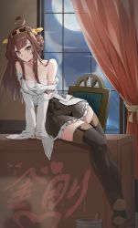 Rule 34 | 1girl, :q, absurdres, ahoge, bare shoulders, black thighhighs, brown eyes, brown hair, chair, chest sarashi, clothes pull, curtains, desk, full body, headgear, highres, indoors, kantai collection, kongou (kancolle), leaning to the side, licking lips, long hair, looking at viewer, miniskirt, night, night sky, on desk, paint, paint can, pleated skirt, sarashi, shirt pull, sitting, on desk, skirt, sky, solo, thighhighs, thighs, tongue, tongue out, translation request, window, youten yy, zettai ryouiki