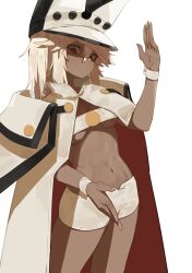 Rule 34 | 1girl, bandeau, blonde hair, cloak, dark-skinned female, dark skin, flasso, guilty gear, hand up, hat, highres, ramlethal valentine, red eyes, shaded face, solo, stomach, toned, white background, white bandeau, wrist cuffs