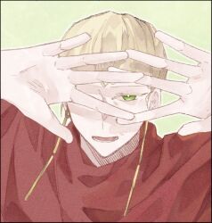 Rule 34 | 1boy, blonde hair, chinese commentary, commentary request, earrings, eyelashes, green background, green eyes, hand over eye, jewelry, looking at viewer, male focus, open mouth, outline, red shirt, rumeld othmayer, saibou shinkyoku, shirt, short hair, simple background, smile, solo, white outline, yadeliya hai, yellow pupils