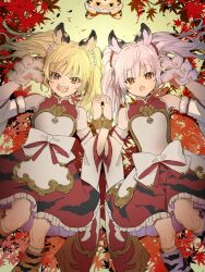 Rule 34 | 2girls, animal ears, animal hands, arumu, bai (granblue fantasy), bell, blonde hair, boots, bracelet, detached sleeves, dress, fang, feet out of frame, flat chest, gloves, granblue fantasy, grey hair, holding hands, huang (granblue fantasy), jewelry, jingle bell, laolao (granblue fantasy), leaf, long hair, looking at viewer, lying, maple leaf, multiple girls, on back, open mouth, orange eyes, paw gloves, skin fang, sleeveless, sleeveless dress, smile, teeth, tiger, tiger cub, tiger ears, twintails, v-shaped eyebrows, wide sleeves