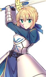 Rule 34 | &gt;:(, 1girl, ahoge, aqua eyes, armor, armored dress, arms up, artoria pendragon (all), artoria pendragon (fate), black gloves, blonde hair, blue dress, blue ribbon, blush, braid, breastplate, closed mouth, dress, excalibur (fate/stay night), eyebrows, fate/stay night, fate (series), french braid, gauntlets, gloves, hair between eyes, hair ribbon, highres, holding, holding sword, holding weapon, long sleeves, puffy long sleeves, puffy sleeves, ribbon, saber (fate), short hair, simple background, single braid, solo, sword, turtleneck, v-shaped eyebrows, wagashi928, weapon, white background