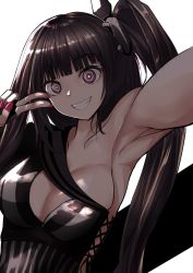 Rule 34 | 1girl, architect (girls&#039; frontline), armpits, black gloves, black hair, breasts, cleavage, girls&#039; frontline, gloves, hair ornament, highres, long hair, looking at viewer, medium breasts, nail polish, pale skin, pink eyes, red nails, ringed eyes, sangvis ferri, selfie, side ponytail, smile, solo, take (trude1945oneetyan), v, wide-eyed