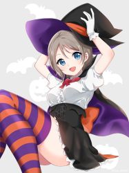 Rule 34 | 10s, 1girl, :d, arms up, bat (animal), blue eyes, blush, cape, gloves, grey hair, hat, highres, ica, jack-o&#039;-lantern, looking at viewer, love live!, love live! school idol festival, love live! sunshine!!, open mouth, puffy short sleeves, puffy sleeves, short hair, short sleeves, simple background, smile, solo, striped clothes, striped thighhighs, thighhighs, watanabe you, white gloves, witch hat, zettai ryouiki