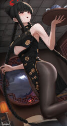 Rule 34 | 1girl, absurdres, alternate costume, armpits, bare shoulders, black dress, black hair, black halo, blue archive, braid, braided bun, breasts, brown pantyhose, china dress, chinese clothes, cleavage, clothing cutout, dress, floral print, gold trim, hair bun, halo, highres, holding, holding tray, indoors, long hair, open mouth, pantyhose, pelvic curtain, red eyes, rio (blue archive), signature, solo, teapot, thighs, tray, twin braids, underboob, underboob cutout, very long hair, waitress, window, yamikyon