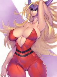 Rule 34 | 1girl, blonde hair, breasts, cameltoe, character request, cleavage, copyright request, curvy, fang, fumio (rsqkr), highres, large breasts, long hair, mask, smile, solo, very long hair, wide hips