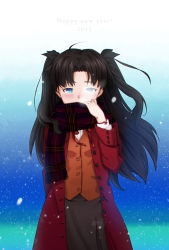 Rule 34 | 10s, 1girl, 2015, black hair, black ribbon, blue eyes, fate/stay night, fate (series), hair ribbon, highres, long hair, ribbon, scarf, scarf over mouth, siero, snow, solo, tohsaka rin, twintails, two side up