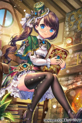 Rule 34 | 1girl, black footwear, blue eyes, book, book stack, bow, breasts, brown hair, capelet, chair, company name, copyright request, doll, esphy, fantasy, fireplace, frills, full body, gears, glasses, green capelet, green hat, hair bow, hat, holding, holding book, indoors, long hair, looking at viewer, official art, round eyewear, sitting, small breasts, smile, stuffed animal, stuffed toy, teddy bear, thighhighs, window