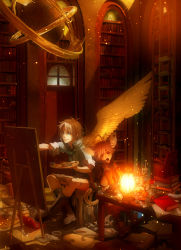 Rule 34 | 2boys, animal ears, bad id, bad pixiv id, book, bookshelf, brown hair, easel, globe, highres, lantern, library, male focus, multiple boys, painting (action), palette (object), red eyes, short hair, sitting, tail, wings, yuanmaru