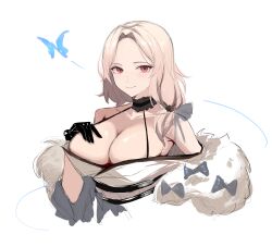 Rule 34 | 1girl, absurdres, bare shoulders, black gloves, black kimono, blonde hair, blue ribbon, breasts, bug, butterfly, cleavage, closed mouth, coat, collarbone, cropped torso, fur-trimmed coat, fur-trimmed kimono, fur trim, gloves, goddess of victory: nikke, hair ribbon, highres, insect, japanese clothes, kimono, large breasts, long hair, looking at viewer, ludmilla (nikke), ludmilla (winter owner) (nikke), official alternate costume, oxooxo666, parted bangs, red eyes, ribbon, simple background, smile, solo, two-tone kimono, white background, white kimono