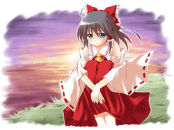 Rule 34 | 1girl, blue eyes, border, brown hair, detached sleeves, exe (artist), fading border, female focus, hakurei reimu, japanese clothes, hugging own legs, lonely, miko, sitting, solo, sunset, touhou, xe (execut3r)