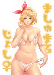 Rule 34 | 1girl, bad id, bad pixiv id, bikini, bikini pull, blonde hair, bow, breasts, breasts apart, clothes pull, green eyes, hair bow, hair ornament, hairclip, highres, jun jun, kagamine rin, large breasts, lips, nail polish, nipples, partially visible vulva, pulled by self, see-through, solo, swimsuit, translated, uncensored, vocaloid, wedgie