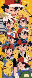 Rule 34 | 1boy, :d, ash ketchum, backpack, backwards hat, bag, black gloves, black hair, commentary request, creatures (company), dirty, dirty face, fingerless gloves, game freak, gen 1 pokemon, gloves, green bag, hand up, hat, highres, holding, holding pokemon, jacket, male focus, mumrik, nintendo, open mouth, pants, pikachu, poke ball print, pokemon, pokemon (anime), pokemon (classic anime), pokemon (creature), pokemon bw (anime), pokemon dppt (anime), pokemon journeys, pokemon rse (anime), pokemon sm (anime), pokemon xy (anime), red headwear, short hair, smile, sparkle, thank you, trophy, yellow background