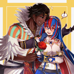 Rule 34 | !, 1boy, 1girl, :d, alear (female) (fire emblem), alear (fire emblem), black gloves, black hair, blue eyes, blue hair, breasts, commentary, dark-skinned male, dark skin, fire emblem, fire emblem engage, flower, fogado (fire emblem), gloves, gzei, highres, holding, holding flower, interracial, jewelry, large breasts, long hair, multicolored hair, necklace, nintendo, open mouth, red eyes, red flower, red hair, red rose, rose, shirt, single glove, smile, spoken exclamation mark, two-tone hair, upper body, very dark skin, very long hair, white shirt, yellow background