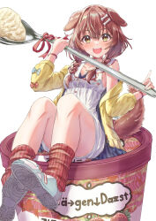 Rule 34 | 1girl, :3, :d, animal ears, belt collar, blush, bone hair ornament, braid, breasts, brown eyes, brown hair, cleavage, collar, dog ears, dog girl, dog tail, dress, fangs, food, haagen-dazs, hair ornament, highres, holding, holding spoon, hololive, ice cream, inugami korone, inugami korone (1st costume), jacket, looking at viewer, medium breasts, medium hair, open mouth, qussie, red collar, red socks, short dress, sleeveless, sleeveless dress, smile, socks, solo, spoon, tail, twin braids, virtual youtuber, white dress, yellow jacket