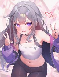 Rule 34 | 1girl, alternate costume, artist name, black choker, black leggings, black nails, blush, breasts, character name, choker, clothes writing, commentary, crop top, dot nose, ear piercing, earclip, english commentary, fingernails, gluteal fold, grey hair, hair flaps, hands up, heart, highres, hololive, hololive english, jacket, jewel under eye, jewelry, koseki bijou, leggings, long fingernails, long hair, long sleeves, looking at viewer, midriff, multiple rings, nail polish, navel, navel piercing, off shoulder, open clothes, open jacket, open mouth, piercing, puffy long sleeves, puffy sleeves, purple eyes, purple jacket, ring, sk jynx, small breasts, smile, solo, thigh gap, v, very long hair, virtual youtuber, w, zipper pull tab