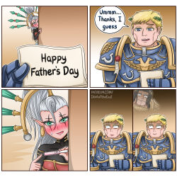 Rule 34 | 1girl, 2boys, 4koma, angry, black hair, blonde hair, comic, eldar, emperor of mankind, english text, facial mark, father&#039;s day, highres, idiot of the east, multiple boys, note, pointing, pointy ears, pregnancy test, roboute guilliman, speech bubble, spirit, surprised, warhammer 40k, white hair, yvraine