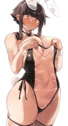 Rule 34 | 1girl, absurdres, animal ears, bare shoulders, black bow, black bowtie, black hair, blush, bow, bowtie, breasts, closed mouth, commentary request, detached collar, fake animal ears, fake tail, hairband, highleg, highleg leotard, highres, jovejun, large breasts, leotard, long hair, meme attire, navel, original, playboy bunny, rabbit ears, rabbit tail, see-through, sidelocks, simple background, solo, tail, thighhighs, thighs, translucent bunnysuit, tsubomioka happa, white background, white hairband, wrist cuffs