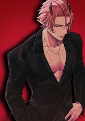Rule 34 | 1boy, arknights, bishounen, black suit, feet out of frame, formal, from above, hair between eyes, highres, horns, kharu11, male focus, no shirt, parted bangs, pectoral cleavage, pectorals, pink hair, pointy ears, solo, suit, theresis (arknights), veins, veiny hands