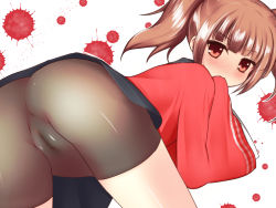 Rule 34 | 10s, 1girl, ass, bike shorts, blush, brown eyes, brown hair, cameltoe, cleft of venus, gunslinger stratos, highres, leaning forward, long sleeves, looking at viewer, looking back, mellpon, rindo sidune, see-through, see-through shorts, short shorts, shorts, solo, twintails