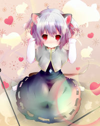 Rule 34 | 1girl, alternate hairstyle, animal ears, blush, female focus, grey hair, heart, holding, holding hair, mouse (animal), mouse ears, mouse tail, nazrin, red eyes, shichinose, short hair, short twintails, sitting, solo, tail, touhou, twintails