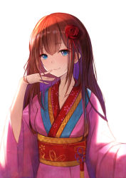 Rule 34 | 1girl, absurdres, alternate costume, bad id, bad pixiv id, blue eyes, blurry, brown hair, depth of field, floral print, flower, hair flower, hair ornament, hand in own hair, highres, japanese clothes, kimono, long hair, looking at viewer, makise kurisu, obi, sash, simple background, smile, solo, steins;gate, upper body, white background, youko (930921)