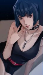 Rule 34 | 1girl, bare arms, bare shoulders, belt, black dress, blue hair, breasts, brown eyes, cleavage, collar, collarbone, dress, fingernails, highres, hime cut, jewelry, long fingernails, looking at viewer, medium breasts, nail polish, necklace, necklace between breasts, parted lips, persona, persona 5, pertex 777, photo-referenced, red belt, red lips, red nails, second-party source, short dress, solo, studded choker, studded collar, takemi tae