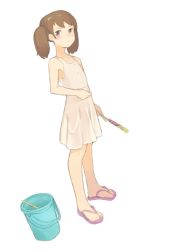 Rule 34 | 1girl, alternate costume, beige dress, brown eyes, brown hair, bucket, casual, co botan, commentary request, fireworks, flat chest, highres, kantai collection, long hair, looking at viewer, ryuujou (kancolle), sandals, solo, standing, stick, twintails